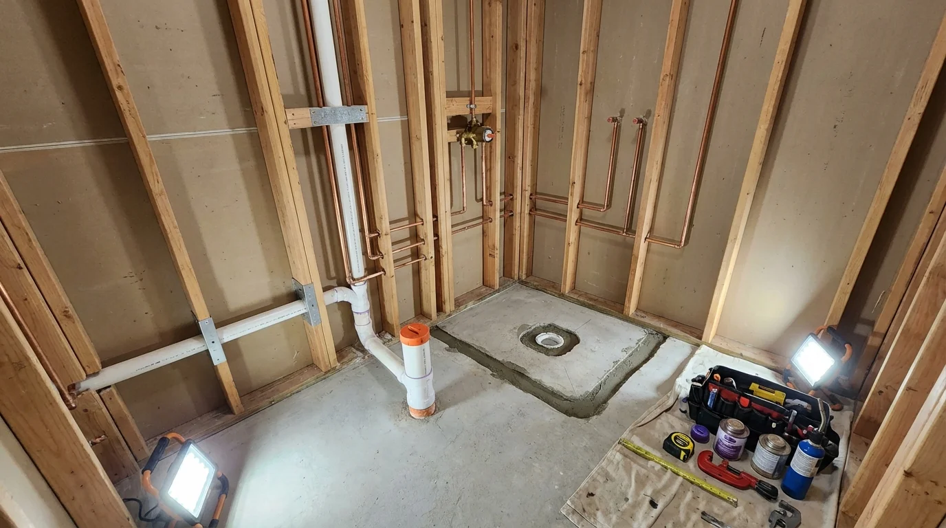 Bathroom rough-in plumbing during remodel by Johns Plumbing LLC in Little Silver