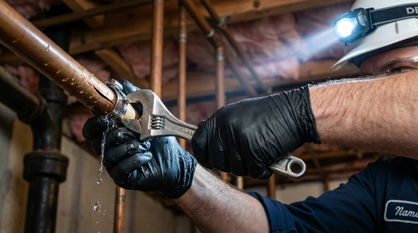 Emergency pipe clamp repair being performed by a Johns Plumbing LLC plumber in Little Silver