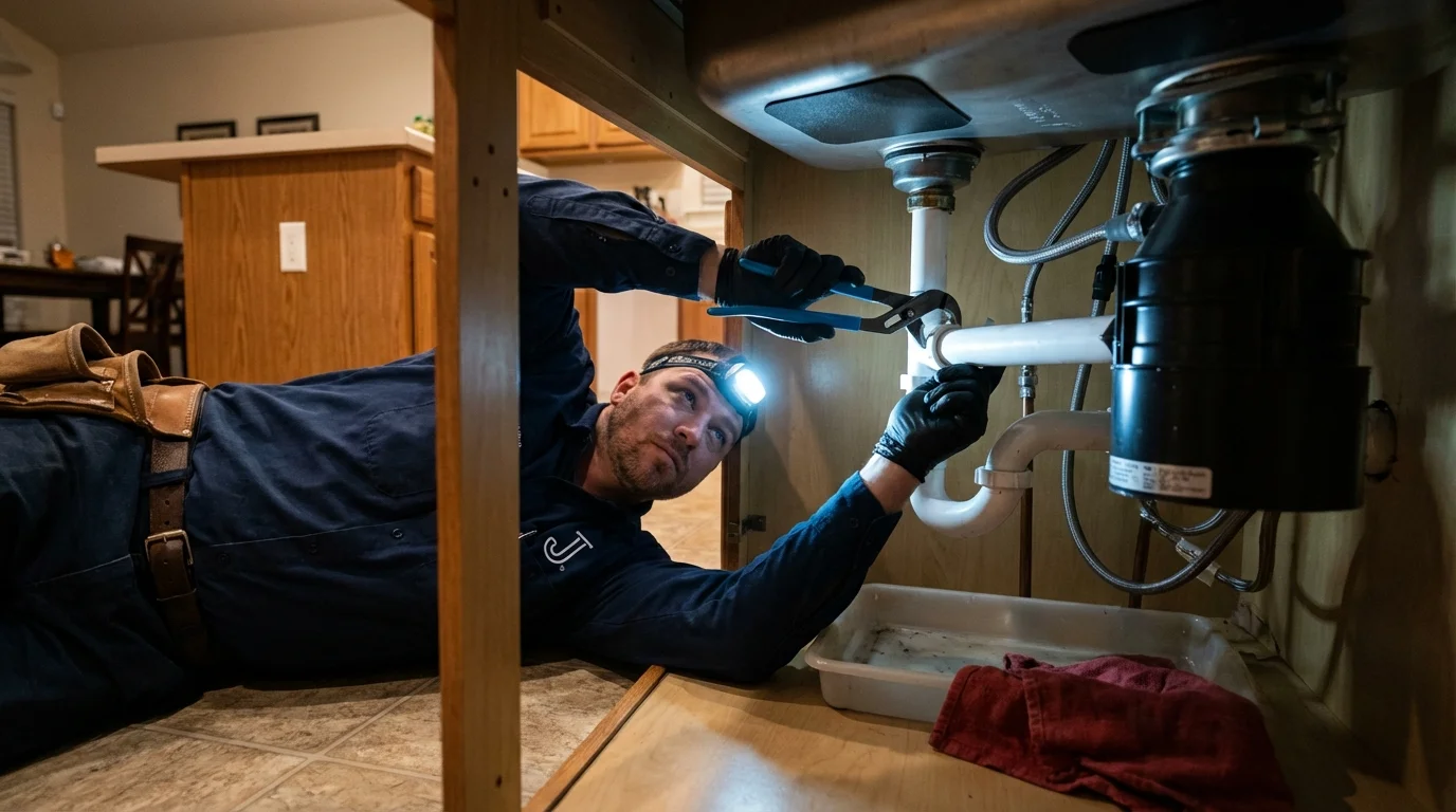 P-trap and supply line connections under a kitchen sink showing a common leak point in Little Silver, NJ